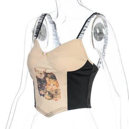 Cute Cat Graphic Vintage Lace Spaghetti Strap Crop Top Shirt Tee T-shirt E-Girl Kawaii Korean Japanese Harajuku Chinese Retro Streetwear Aesthetic