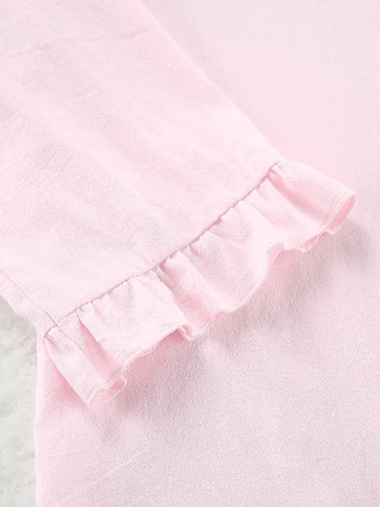 2PCS Pink Ruffle Long Sleeve Shirt + Shorts Pajama Set