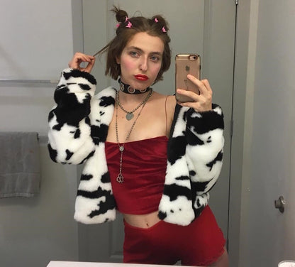 Cute Cow Animal Print Faux Fur Coat Jacket Zipper Sweater Jumper Casual E-Girl Kawaii Korean Japanese Harajuku Chinese Retro Streetwear Aesthetic