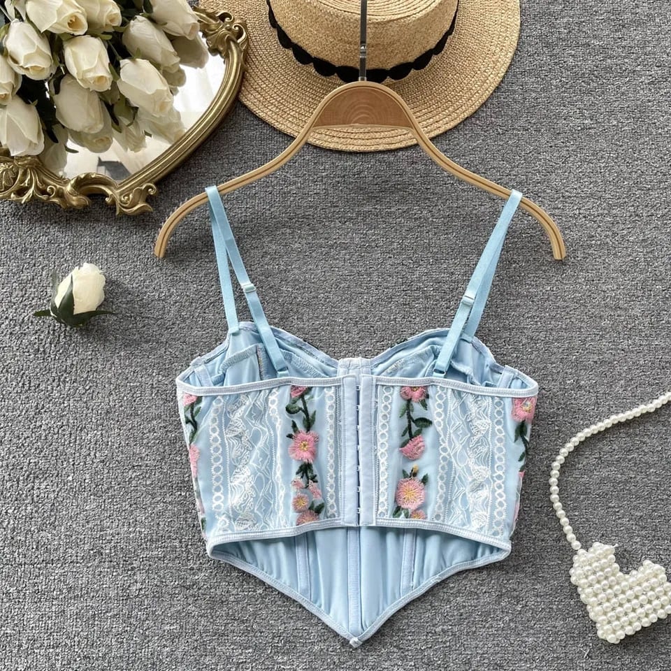 Blue Floral Embroidery Corset Top