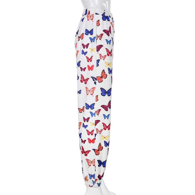 Cute Butterfly Rainbow Print Loose Baggy High Waisted Trousers Joggers Pants Sweats Bottom E-Girl Kawaii Korean Japanese Harajuku Retro Streetwear