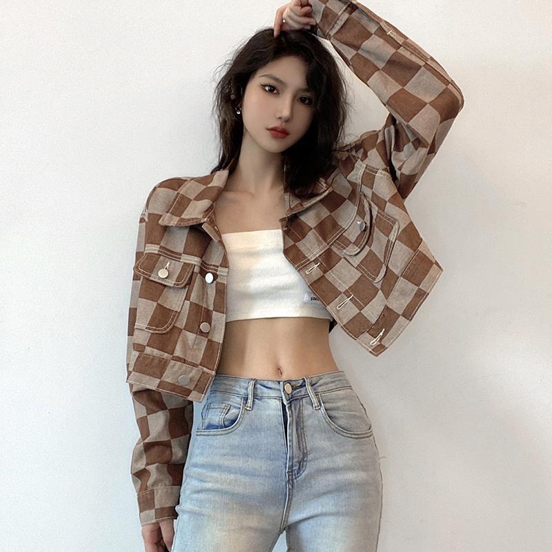 Brown Checkboard Cropped Denim Jacket