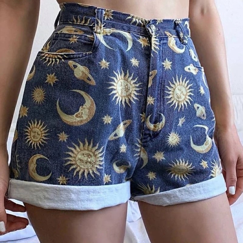 Cute Sun Moon Star Planet Pattern Loose Denim Shorts Bottom E-Girl Kawaii Korean Japanese Harajuku Chinese Retro Streetwear Aesthetic