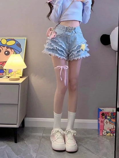 Blue Denim Ruffle Star High Waist Shorts