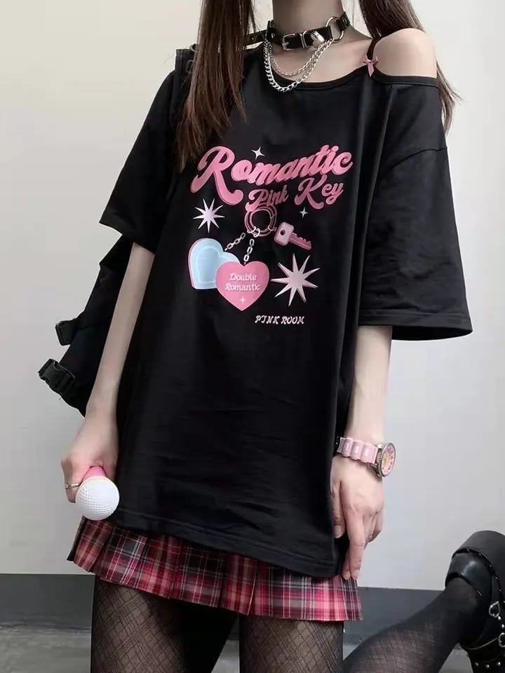 Sweet Pink Print Off Shoulder Short Sleeve T-shirt