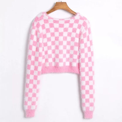 Cute Plaid Checkered Crop Sweater Cardigan Top Long Sleeve Knit E-Girl Kawaii Korean Japanese Harajuku Chinese Retro Streetwear Aesthetic