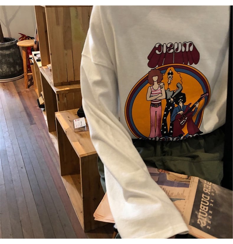 Cute White Music Band Cartoon Print Oversize Loose Long Sleeve Shirt Top T-shirt O Neck Casual E-Girl Kawaii Korean Japanese Harajuku Streetwear