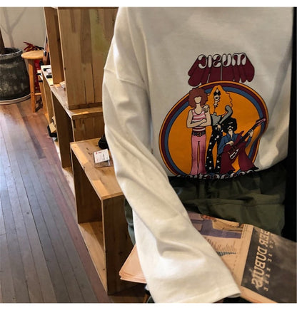 Cute White Music Band Cartoon Print Oversize Loose Long Sleeve Shirt Top T-shirt O Neck Casual E-Girl Kawaii Korean Japanese Harajuku Streetwear