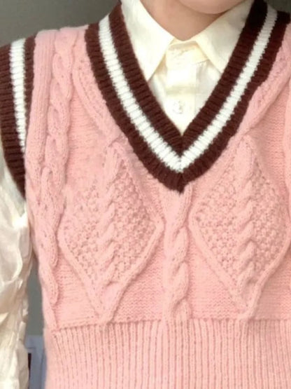Pink Cable Knit V Neck Sweater Vest