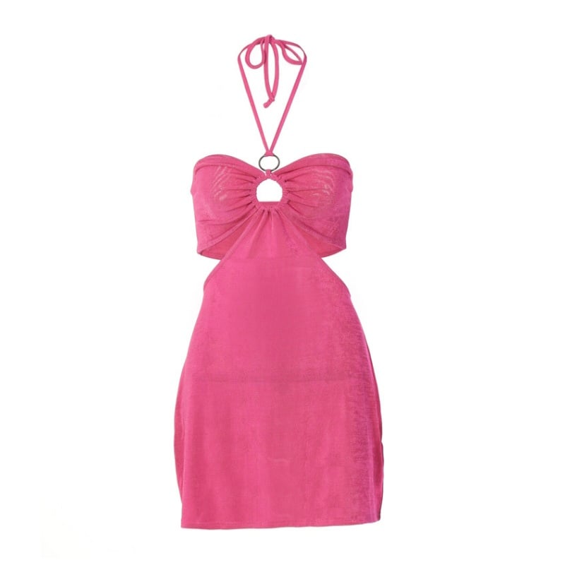 Pink Cut Out Halter Backless Dress