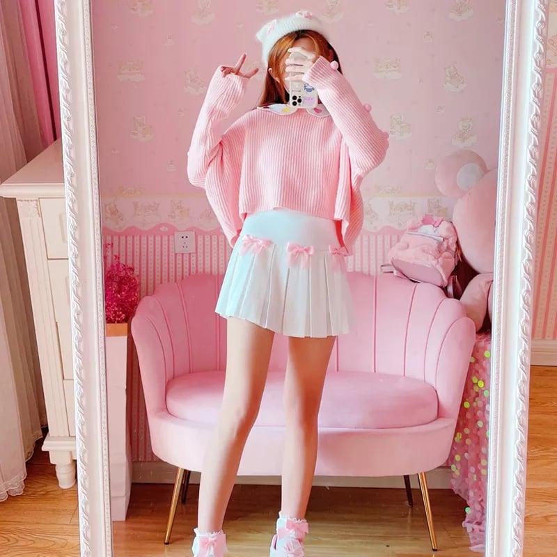 White Flare Pink Bow Pleated Tennis Skirt