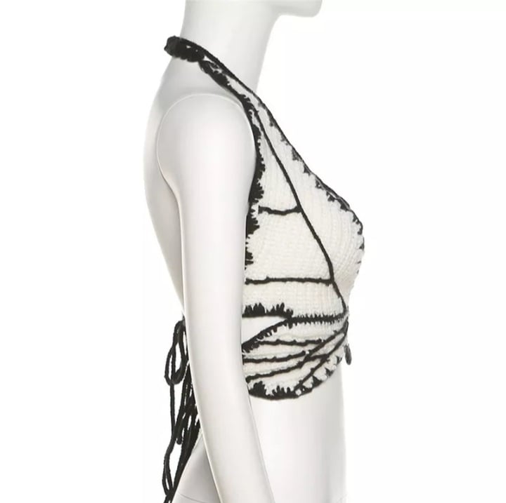 Cute Sexy Butterfly Crochet Halter Sleeveless Shirt Crop Top Camisole Beach Tunic Party Summer Aesthetic Casual E-Girl Kawaii Korean Japanese Harajuku
