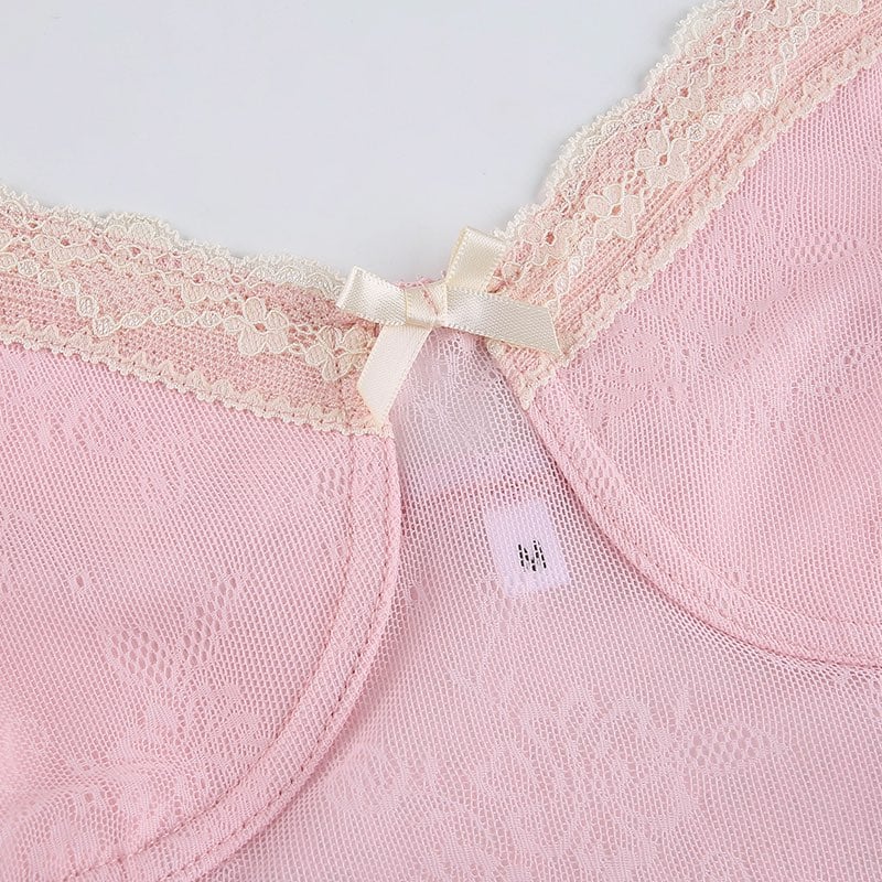 Cute Sexy Pink Sweet Lace Trim Bow Crop Top V Neck Transparent Sleeveless Shirt Summer Party E-Girl Kawaii Korean Japanese Harajuku Streetwear