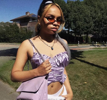 Cute Sexy Purple Silk V Neck Ruffled Blouse Crop Top Shirt Tee T-shirt Kawaii Korean Japanese Harajuku Chinese Retro Streetwear Aesthetic Fashion