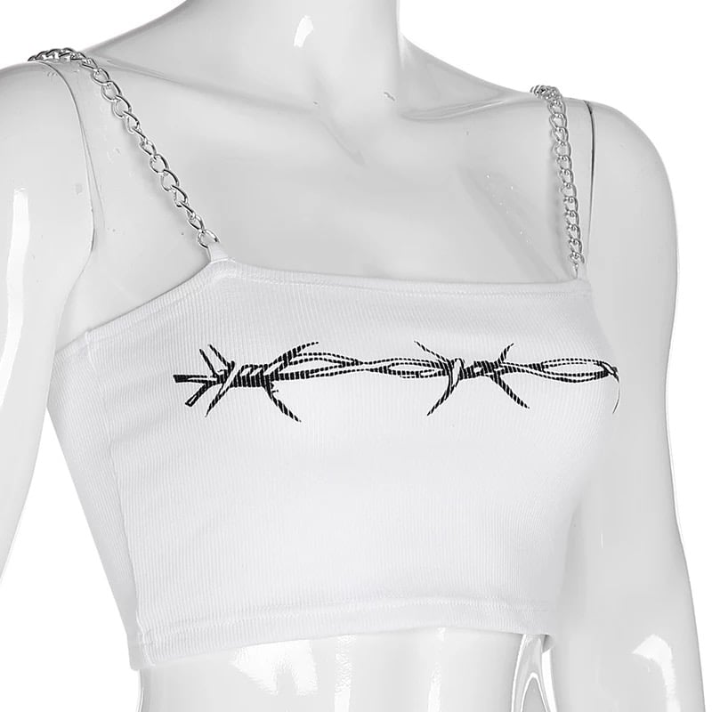 Sexy Barb Wire Print Sleeveless Shirt Crop Top Tank Camisole Metal Chain Strap Casual Punk Summer E-Girl Kawaii Korean Japanese Harajuku Streetwear