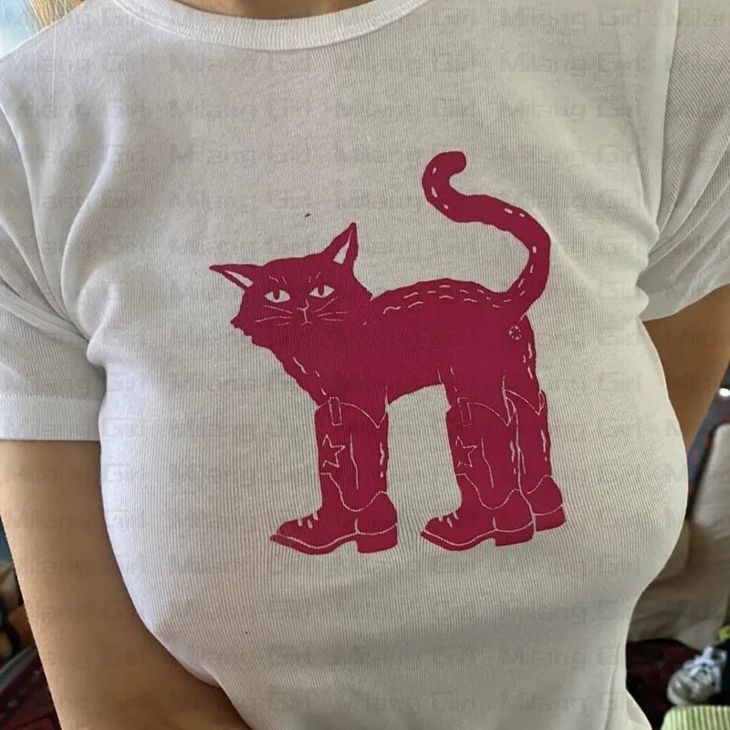 Cat Print Crew Neck Crop Top