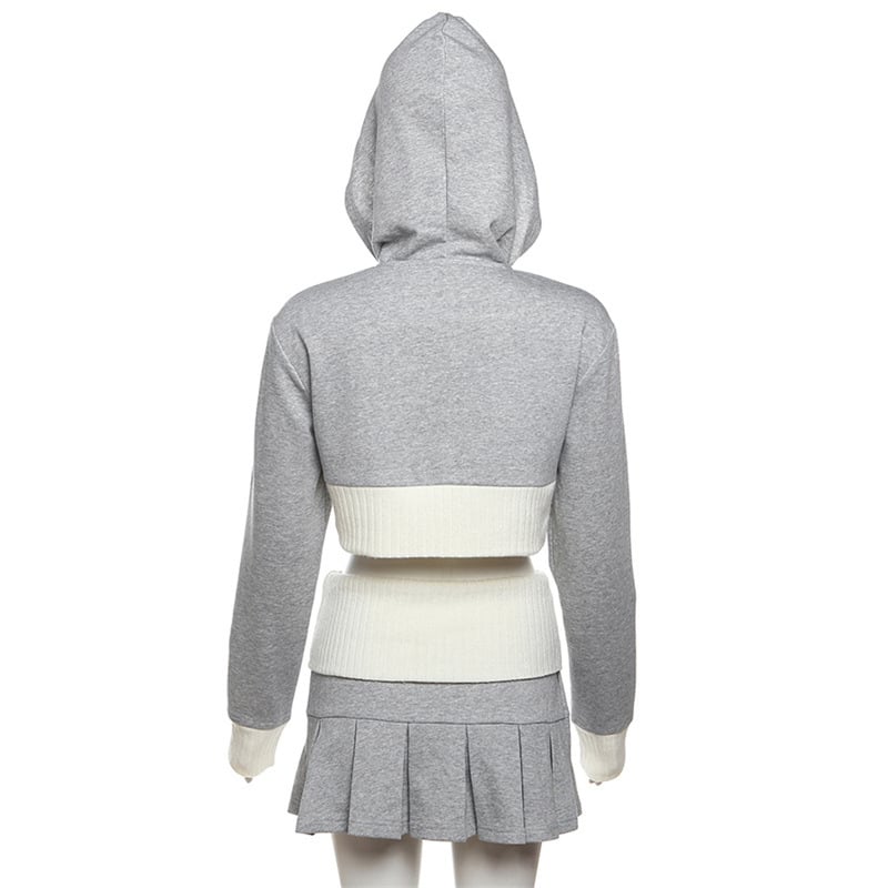 2PCS Grey Cropped Hoodie + Pleated Mini Skirt