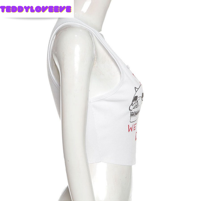 Cute Sexy White Skull Ribbed Sleeveless Tank Crop Top T-shirt Punk Goth Aesthetic Summer Party E-Girl Kawaii Korean Japanese Harajuku Streetwear