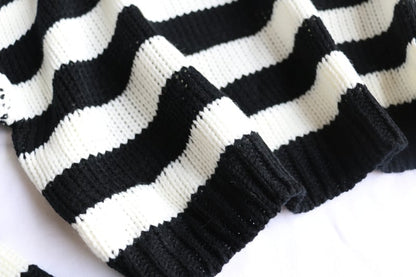 Cute Black White Stripe Loose Oversize Crop Sweater Long Sleeve Shirt Sweatshirt Pullover Casual E-Girl Kawaii Korean Japanese Harajuku Streetwear