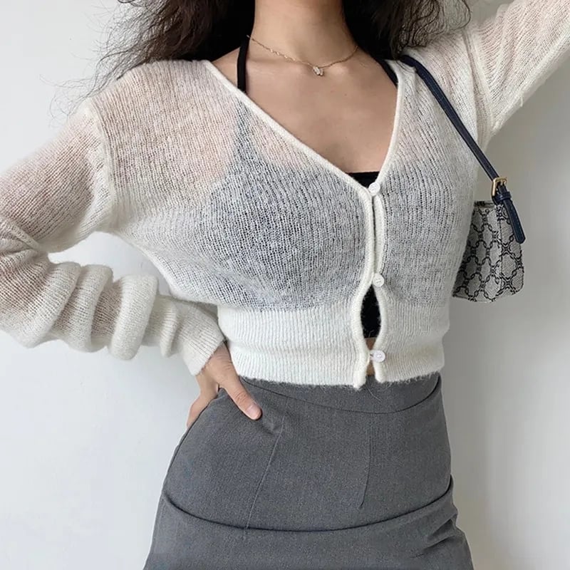 See Through V Neck Cropped Long Sleeve Cardigan