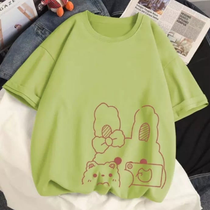 Cute Rabbit Bunny Camera Graphic Cartoon Print Loose Short Sleeve T-shirt Aesthetic Casual Summer E-Girl Kawaii Korean Japanese Harajuku