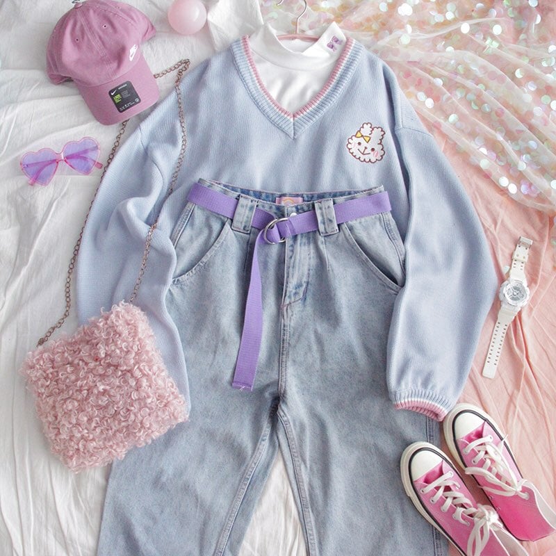 Cute Bunny Rabbit Embroidery Preppy Knit V Neck Vest Sweater Sweatshirt Loose Jumper Pullover Casual E-Girl Kawaii Korean Japanese Harajuku Streetwear