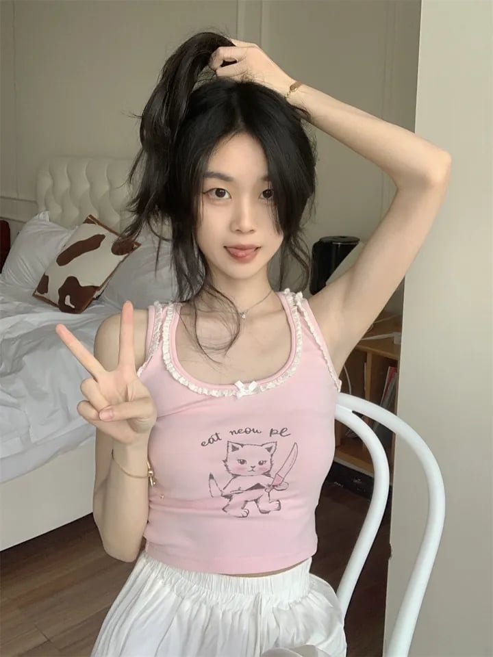 Pink Cat Lace Tank Top
