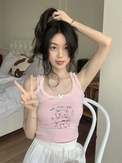 Pink Cat Lace Tank Top