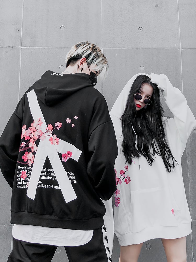 Cute Cherry Blossom Sakura Flower Print Oversized Unisex Long Sleeve Hoodie Sweater Sweatshirt E-Girl Kawaii Korean Japanese Harajuku Streetwear