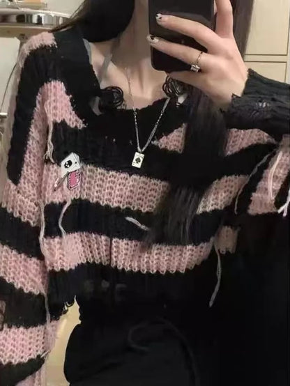 Black & Pink Striped Knit Cropped Pullover