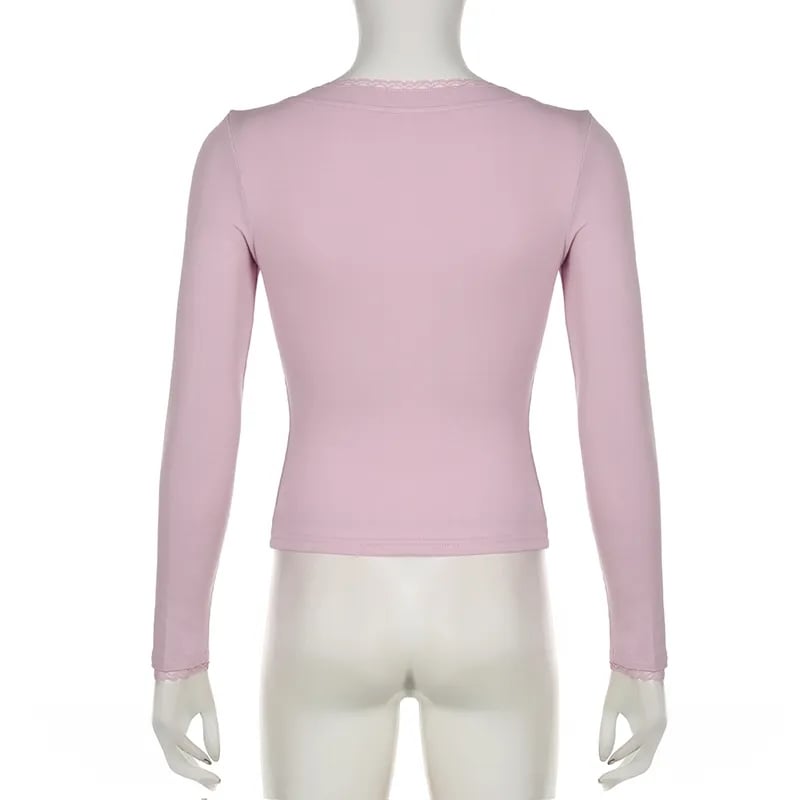 Pink Lace Trim Long Sleeve Shirt