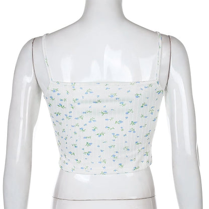Cute Floral Print Lace Spaghetti Strap Camisole Crop Top Shirt Tee T-shirt E-Girl Kawaii Korean Japanese Harajuku Chinese Retro Streetwear Aesthetic