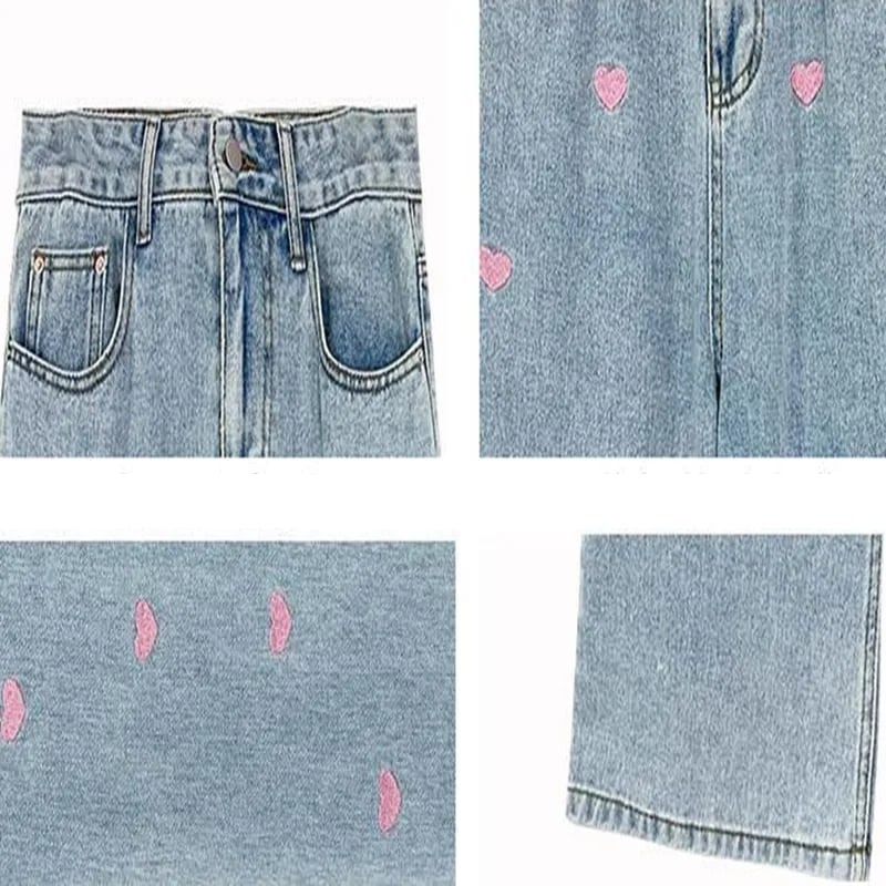 Pink Heart Embroidery Denim Jeans