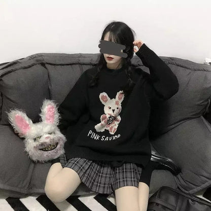 Bunny Knit Casual Sweater Sweatshirt Loose Jumper Long Sleeve Pullover Top Punk Goth E-Girl Kawaii Korean Japanese Harajuku Streetwear