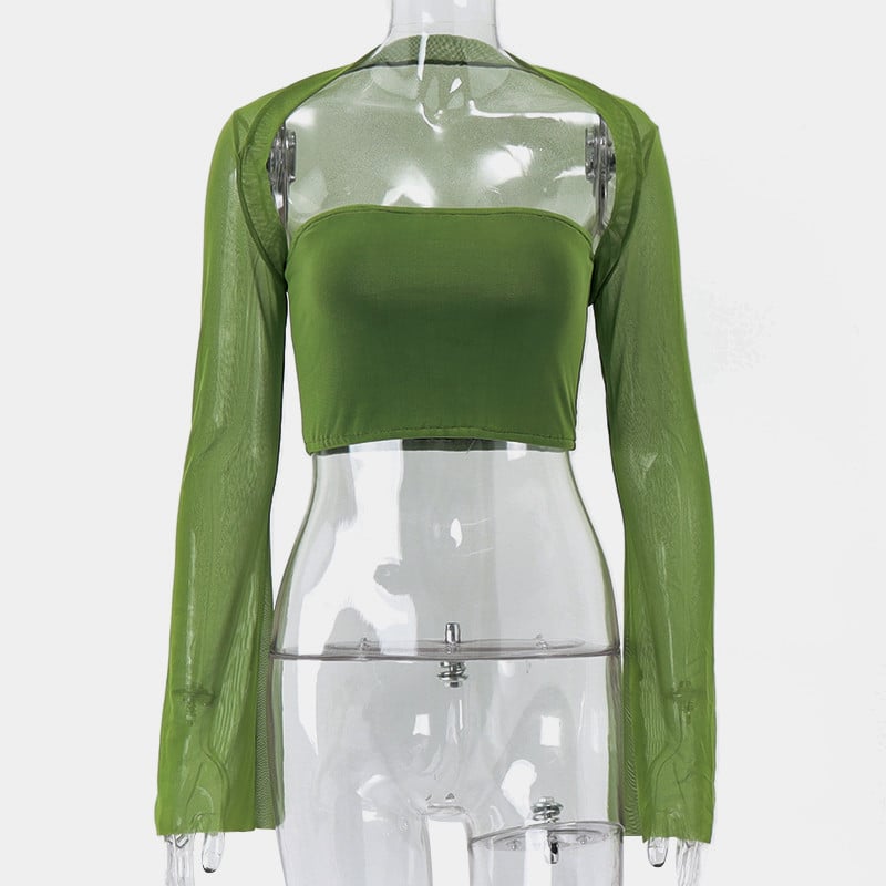 Green Mesh Flare Shawl + Tude Top