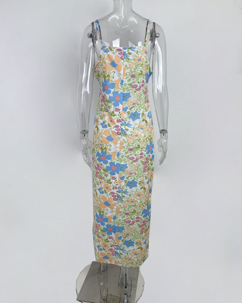 Floral Square Collar Long Bodycon Dress