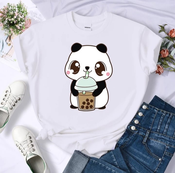 Cute Panda Bear Boba Bubble Milk Tea Graphic Cartoon Print Loose Short Sleeve T-shirt Aesthetic Casual Summer E-Girl Kawaii Korean Japanese Harajuku