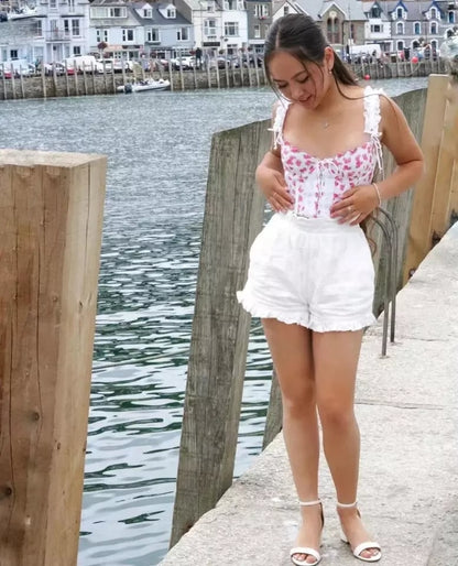 Pink Flower Print Ruffle Bustier Crop Top