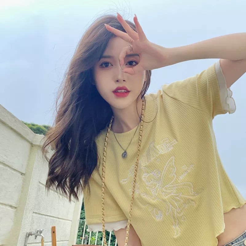 Sweet Fairy Embroidery Ruffle Short Sleeve T-shirt