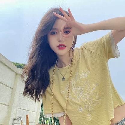 Sweet Fairy Embroidery Ruffle Short Sleeve T-shirt