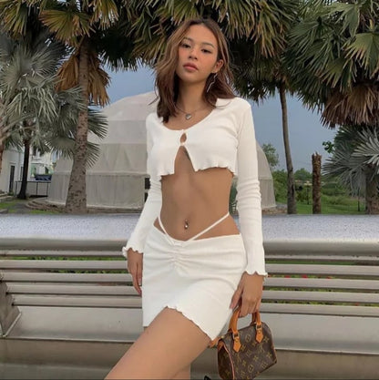 Cute 2pcs Set Ribbed Lace Up Hollow Out Crop Top Cardigan + Mini Skirt Bodycon Summer Aesthetic Casual E-Girl Kawaii Korean Japanese Harajuku