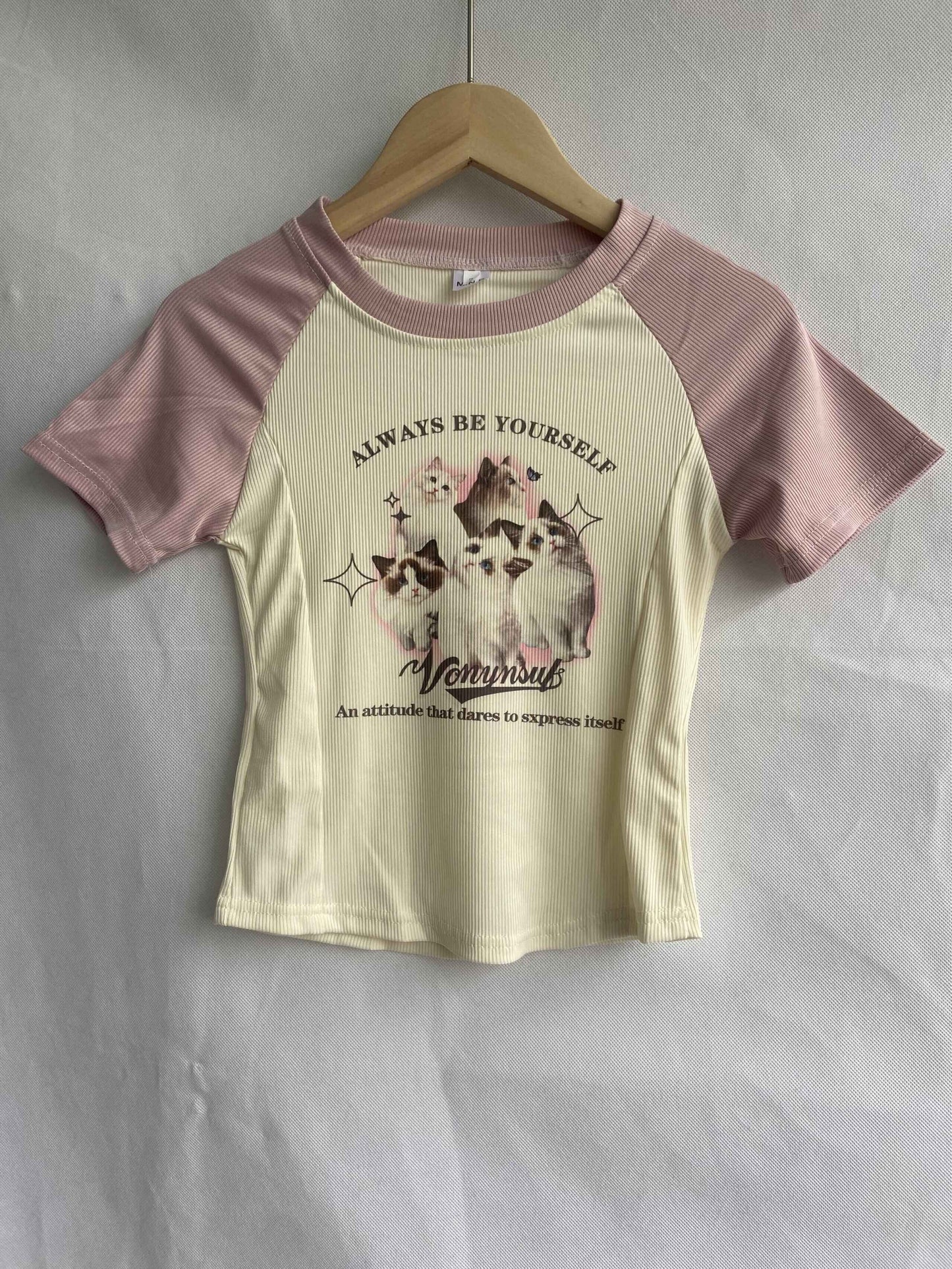 Cat Cartoon Patchwork Print Short Sleeve T-shirt