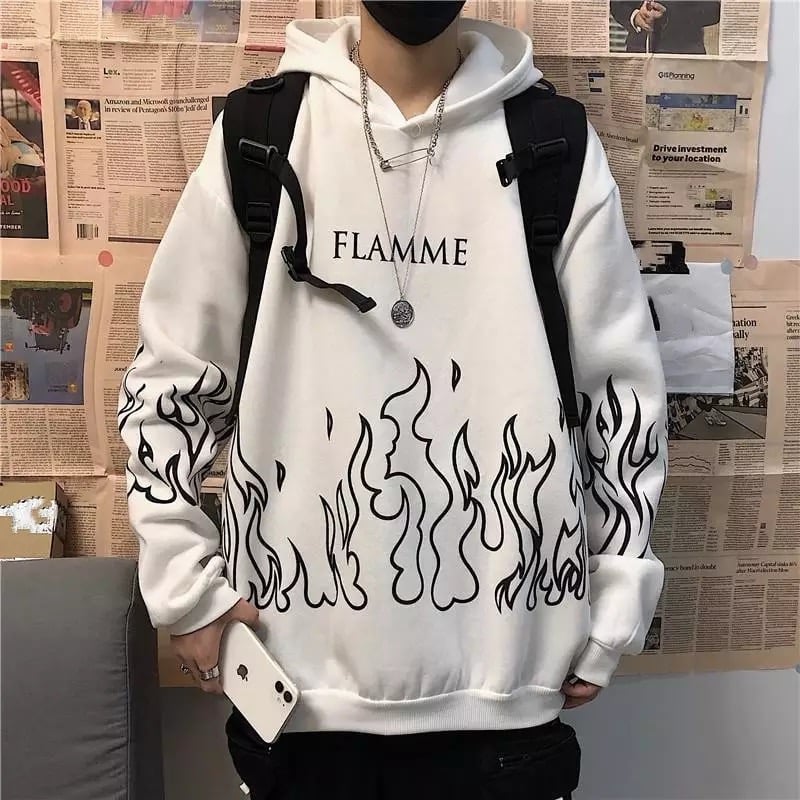 White Black Flame Fire Cartoon Casual Loose Oversized Hoodie Sweater Sweatshirt Long Sleeve Pullover E-Girl Kawaii Korean Japanese Harajuku Streetwear