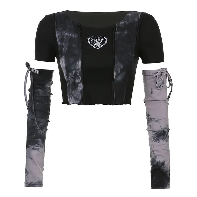 Black & Grey Patchwork Crop Top with Sleeve