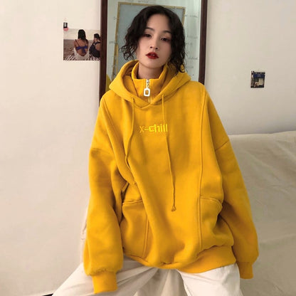 Cute Yellow Chill Letter Embroidery Causal Oversized Hoodie Sweater Sweatshirt Long Sleeve Pullover E-Girl Kawaii Korean Japanese Harajuku Streetwear