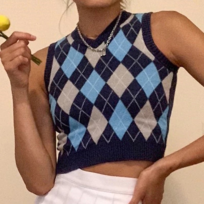 Vintage Plaid V Neck Sleeveless Sweater Vest Knit Crop Top Preppy Causal Pullover E-Girl Kawaii Korean Japanese Harajuku Streetwear