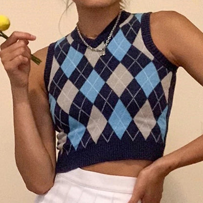 Vintage Plaid V Neck Sleeveless Sweater Vest Knit Crop Top Preppy Causal Pullover E-Girl Kawaii Korean Japanese Harajuku Streetwear