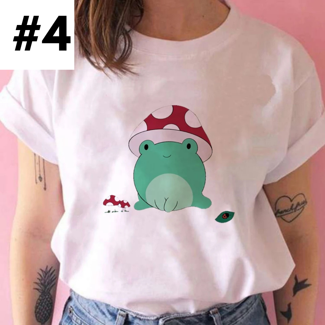 Cute Frog Mushroom Plant Cartoon Print Loose Oversize Short Sleeve T-shirt Punk Aesthetic Casual Summer E-Girl Kawaii Korean Japanese Harajuku