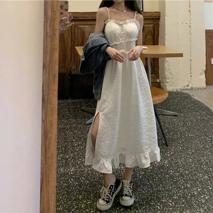 Cute White Ruffle Maxi Dress Fairy Strap Tank Lace Sundress Party Cottage Aesthetic Casual Summer E-Girl Kawaii Korean Japanese Harajuku