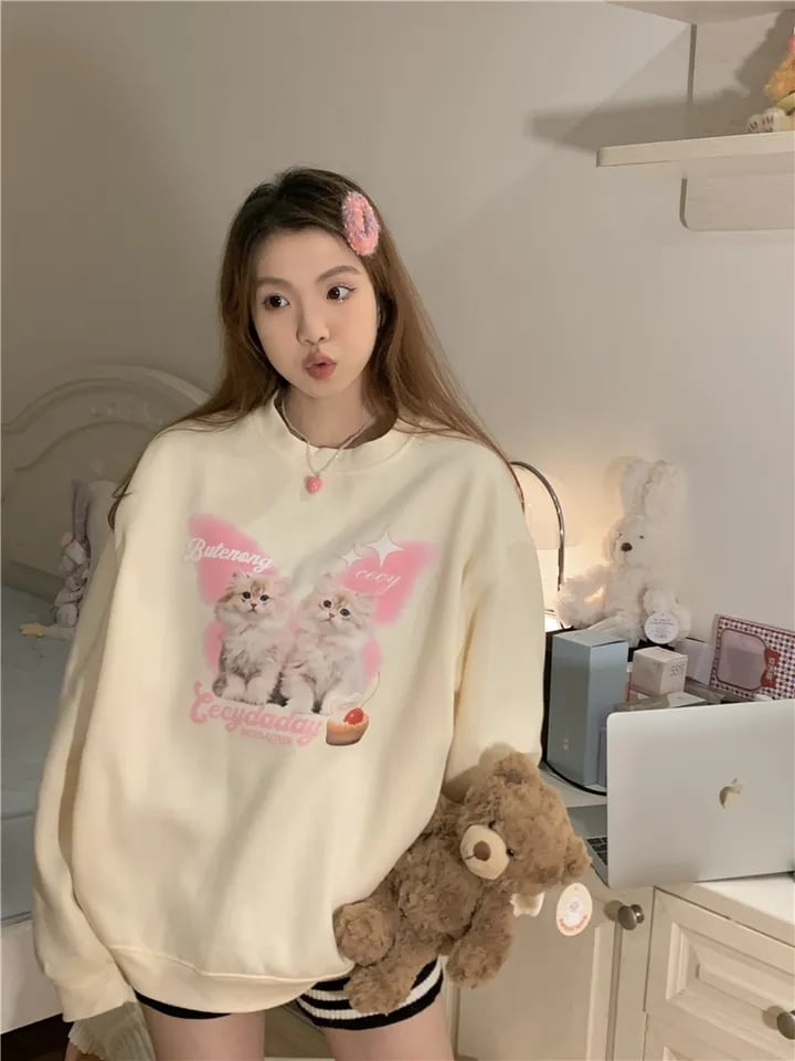 Cat Print Long Sleeve Sweatshirt